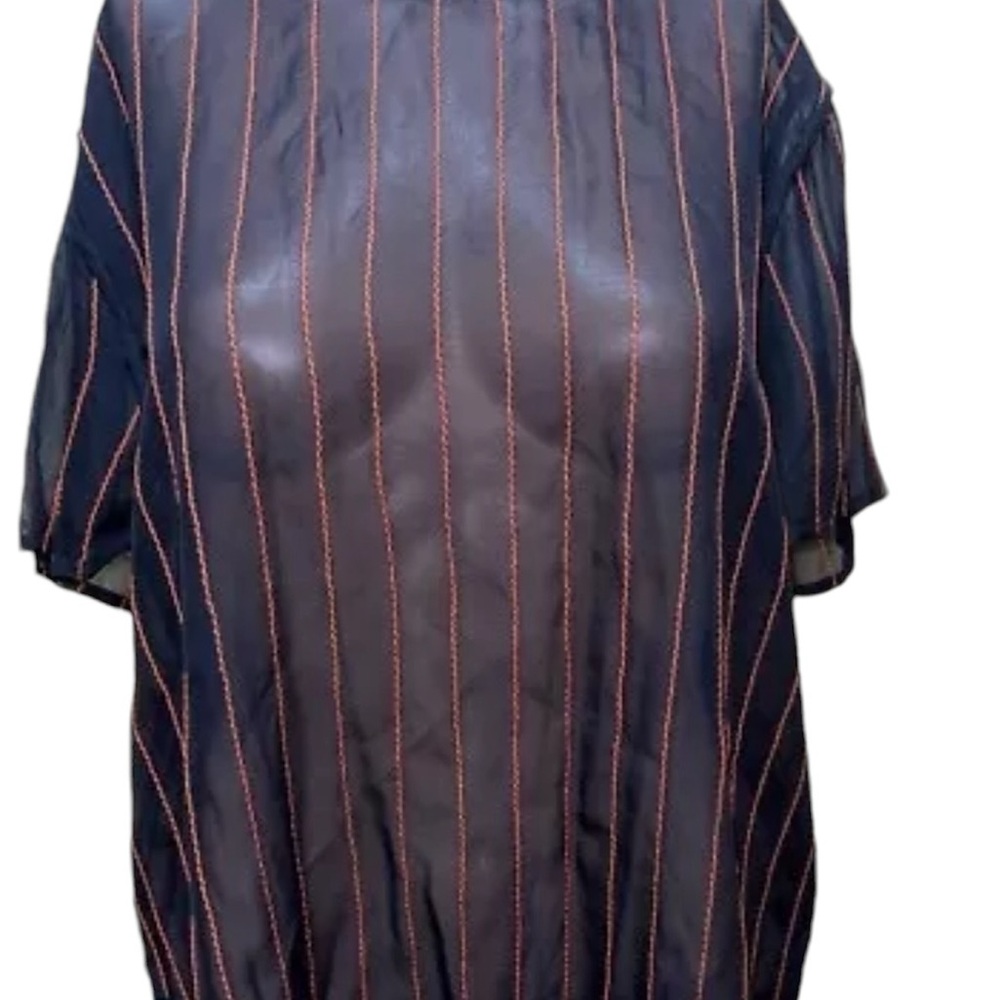 DKNY CHIFFON STRIPED BLOUSE WOMENS SHORT SLEVEE BLACK/ORANGE ROUND NECK SZ LARGE